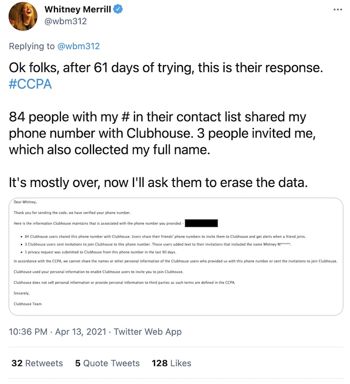 A screenshot of a tweet with Clubhouse's CCPA response inside. Check the linked tweet for more.