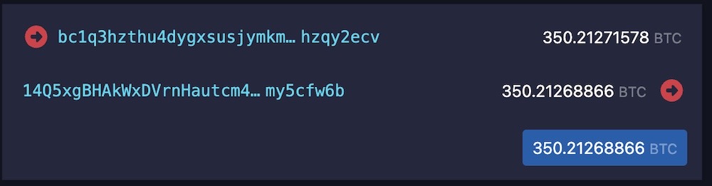 A screenshot of a blockchain transaction of 350 bitcoins worth about $22 million at the time of its posting to an ALPHV-controlled crypto wallet.