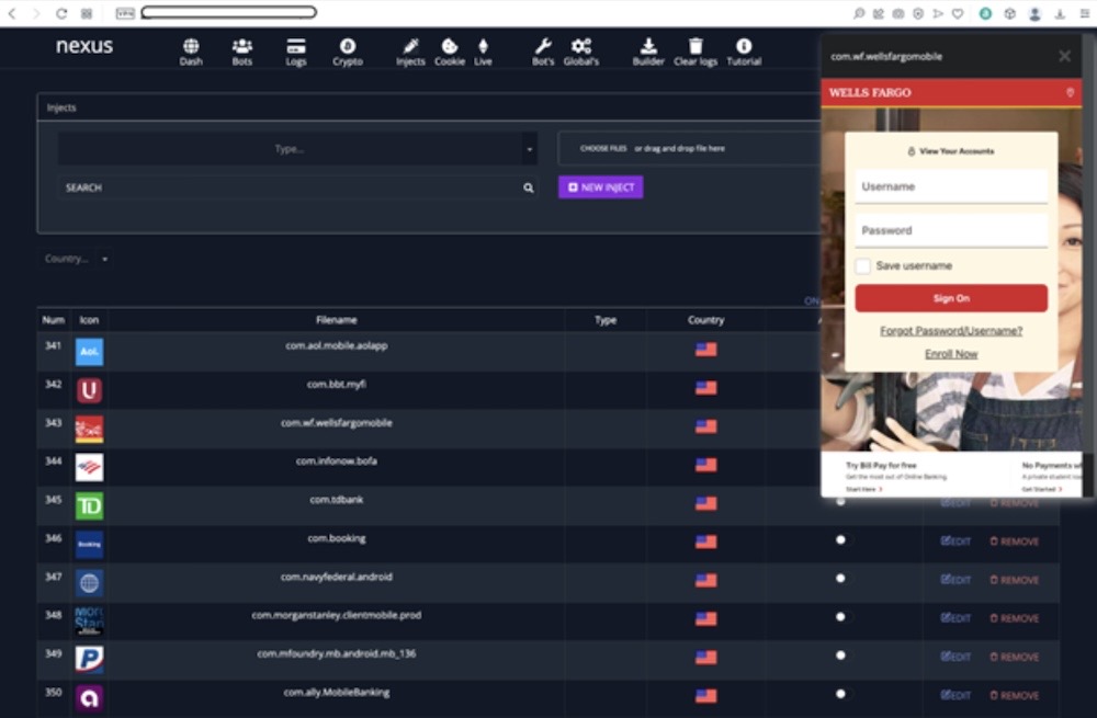 A slightly redacted screenshot of the Nexus botnet admin panel, featuring a preview of a malicious app it uses to trick victims.