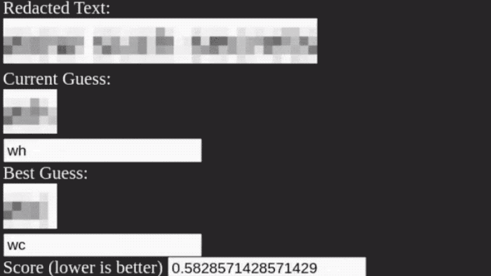 A screenshot of a tool called Unredacter, which can guess what words are behind blurred and pixelated text.