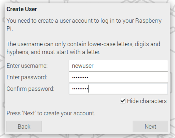 A screenshot of the Raspberry Pi "create user" dialog, which no longer includes the "pi" user account by default.