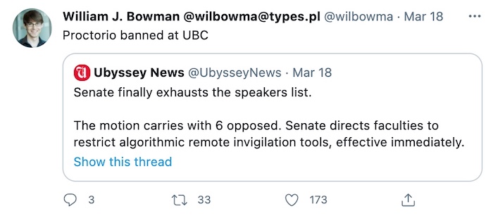 a tweet from a UBC professor saying that Proctorio is banned from the school.