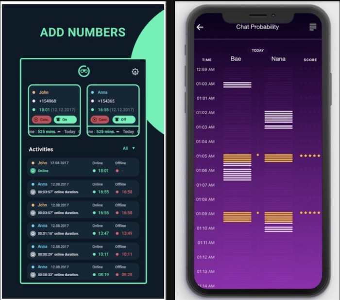 A screenshot of an app that allows anyone to simply enter a number and see whether the number's owner is online on WhatsApp.
