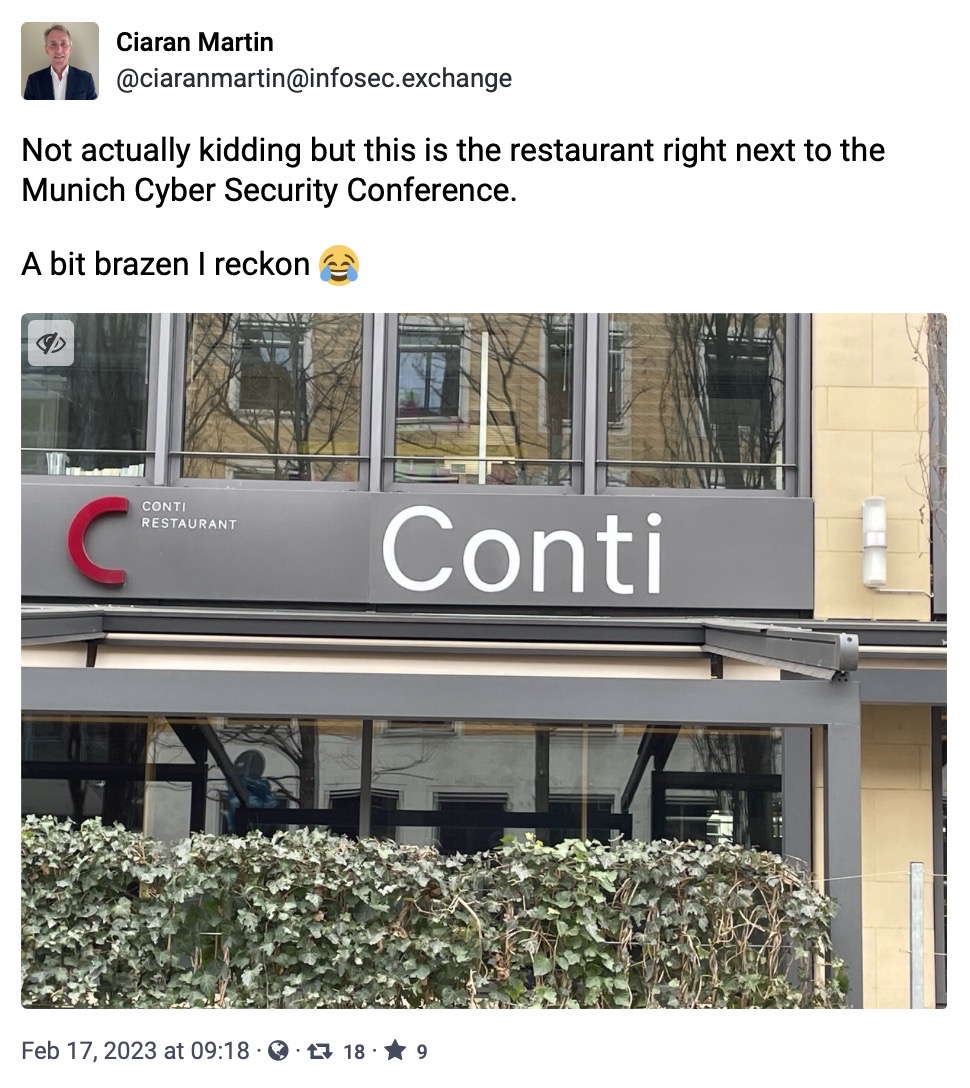 Ciaran Martin toot with a photo of a restaurant called Conti, adding: "Not actually kidding but this is the restaurant right next to the Munich Cyber Security Conference."