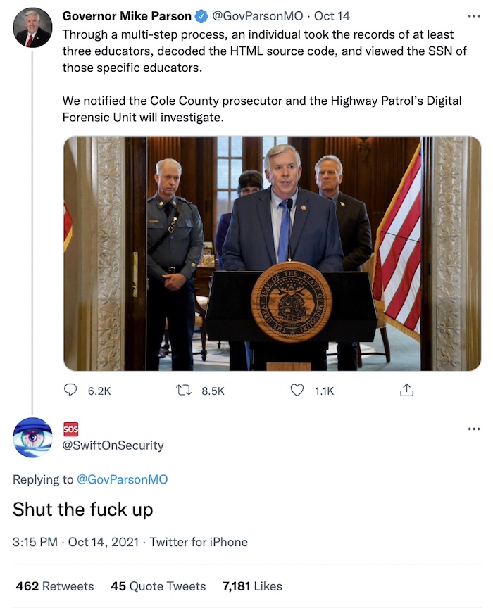 Swift on Security tweet in response to Missouri governor Mike Parson: "Shut the fuck up"