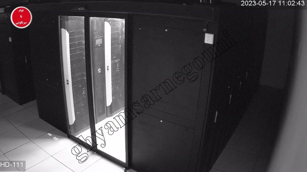 A screenshot of a CCTV stream pointing on networking servers, purportedly used by the Iranian government. 