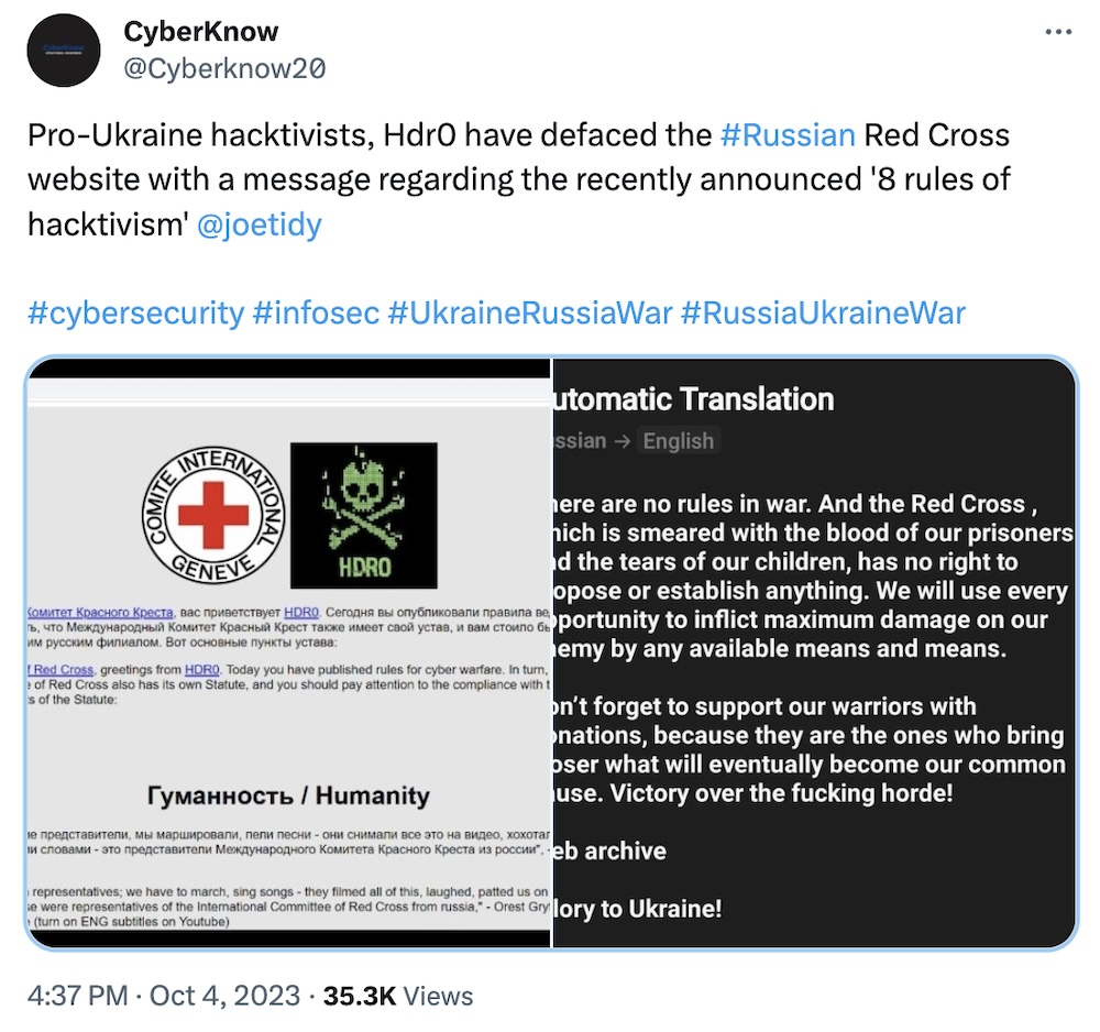 Cyberknow tweet: "Pro-Ukraine hacktivists, Hdr0 have defaced the Russian Red Cross website with a message regarding the recently announced '8 rules of hacktivism'," followed by two screenshots of the defaced Red Cross website and a translation into English taking credit for the defacement.