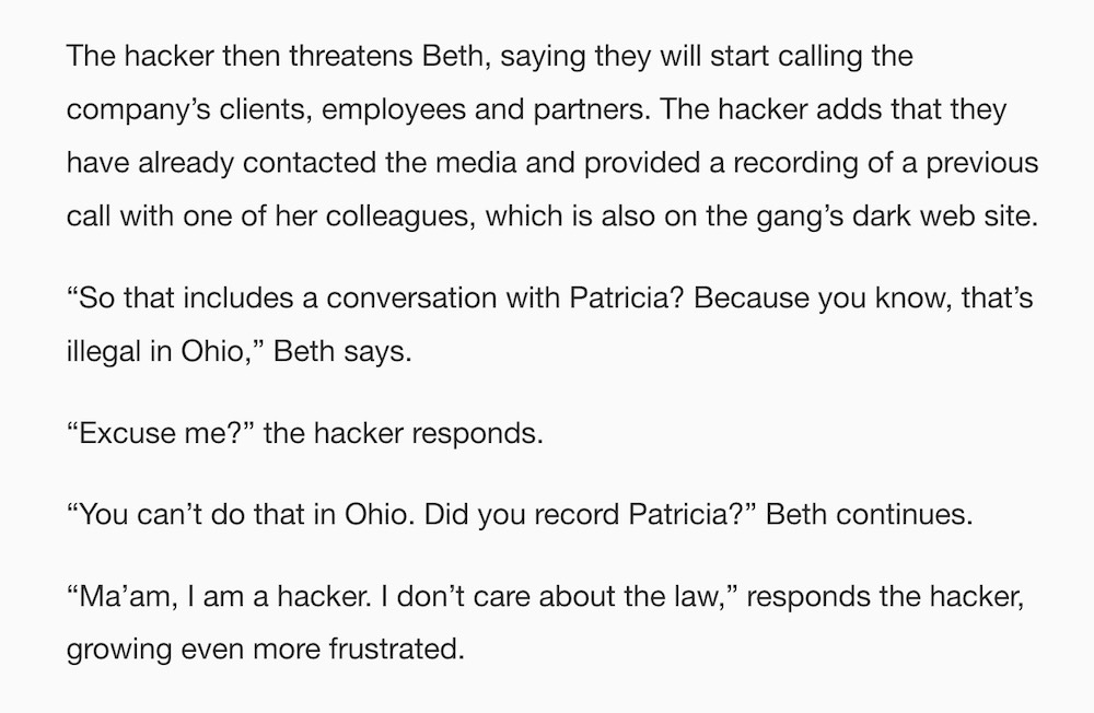 A screenshot from the TechCrunch story, which reads in part: "Ma'am, I am a hacker. I don't care about the law."