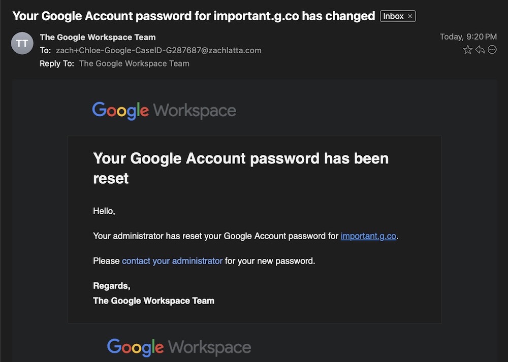 A phishing email that looks almost like a perfect Google Workspace spoof, saying "Your Google Account has been reset," using the g.co subdomain.
