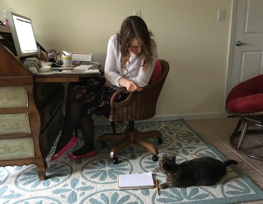 Ollie, a tabby cat, with a notebook and a pencil looking up at his human at a computer desk.