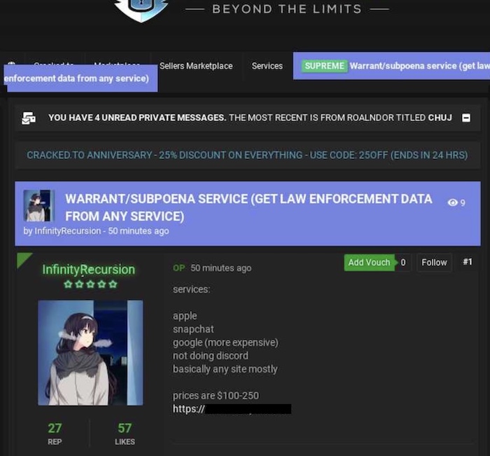 A screenshot showing a post on a cybercrime forum offering user data via fake or spoofed law enforcement requests.