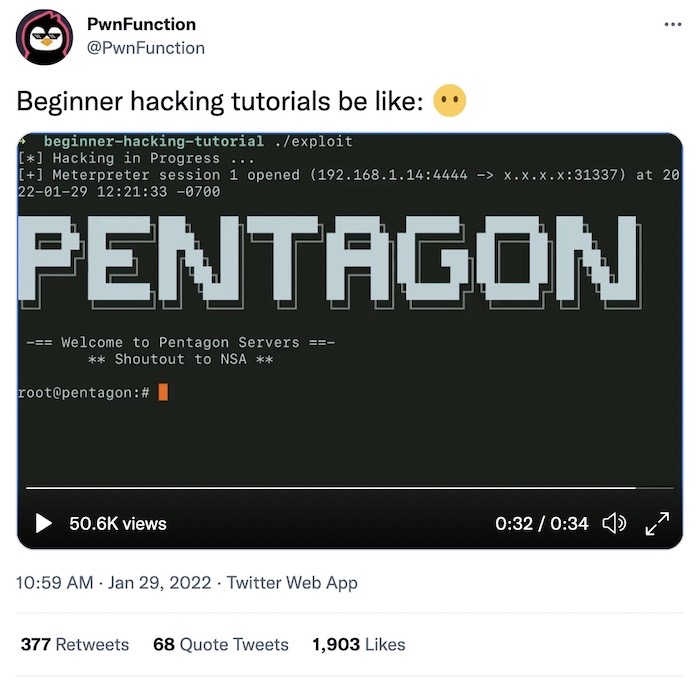 A joke hacking tutorial video with sound. Source at link.