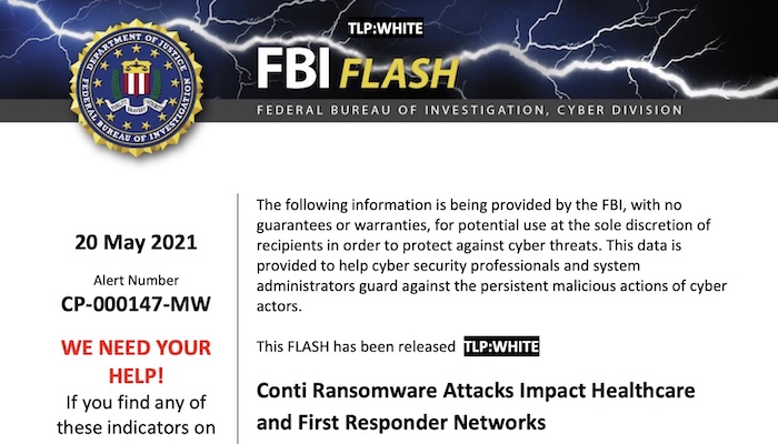 An FBI flash alert about Conti ransomware attacks on healthcare networks.