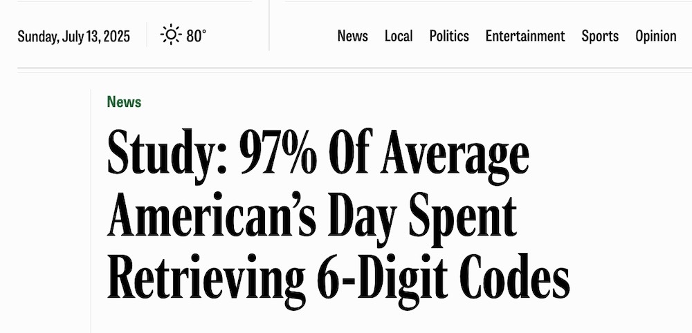 A headline from The Onion: "Study: 97% Of Average American’s Day Spent Retrieving 6-Digit Codes"