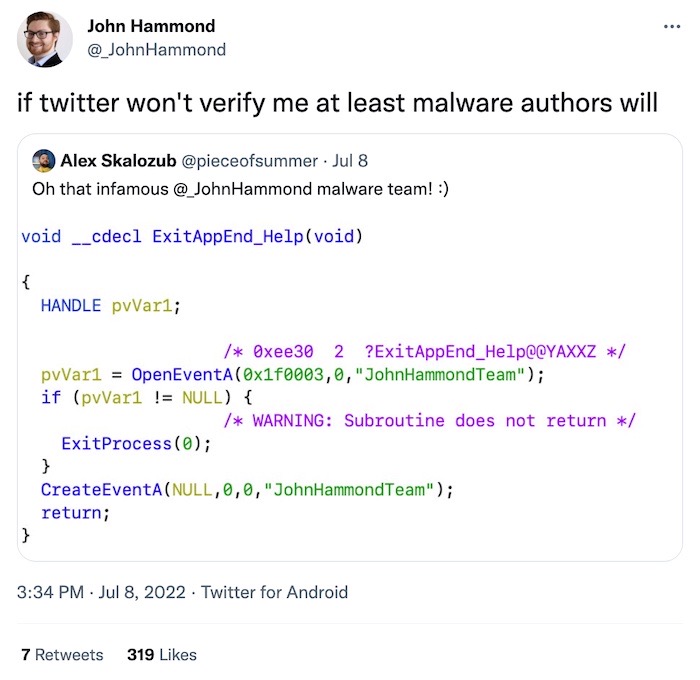 A screenshot of malware containing code that says "John Hammond tweet," in a quote tweet from John Hammond saying, "If twitter won't verify me at least malware authors will."