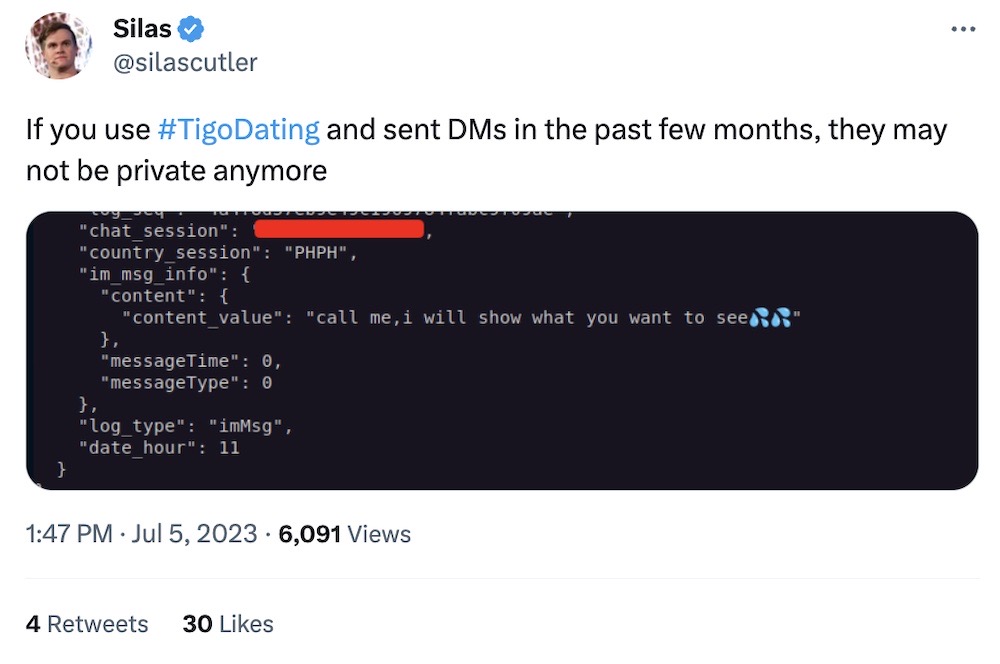 Silas Cutler tweet: "If you use TigoDating and sent DMs in the past few months, they may not be private anymore" followed by a screenshot of an exposed Tigo user DM.