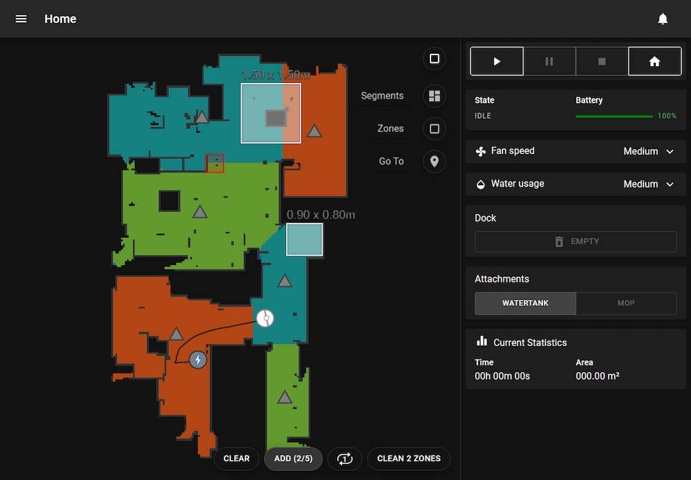 A screenshot of the Valetudo firmware replacement, featuring room mapping similar to that of a Roomba.