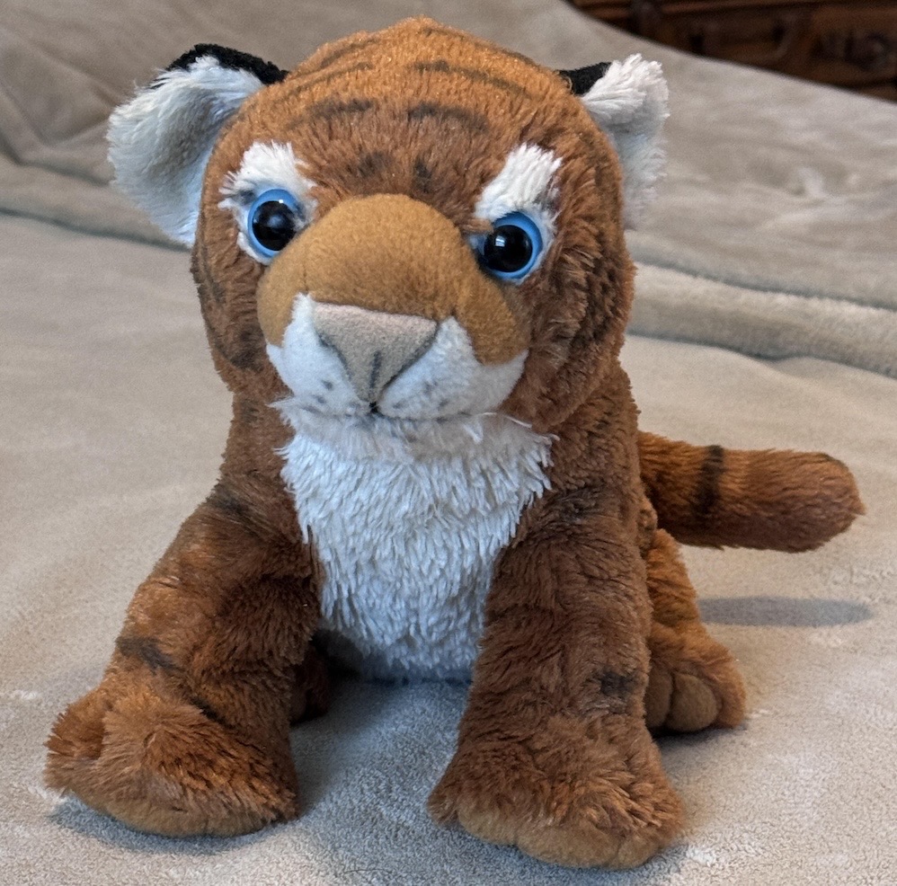 Boomer is a stuffed fuzzy tiger with bright blue eyes and white ears.