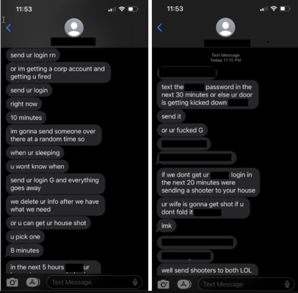 Two screenshots of text messages sent to a victim, in which the hackers use threats of violence to get the victim into giving over their Gmail passwords.