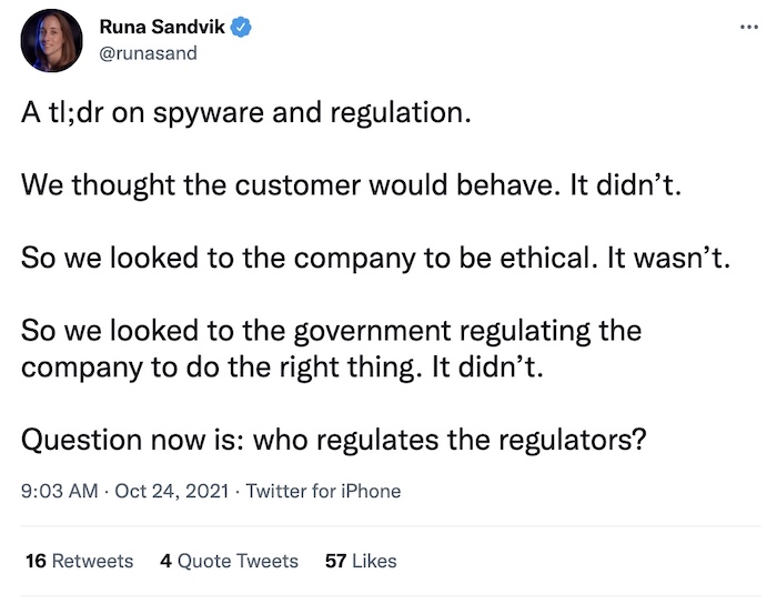 Runa Sandvik tweet: "A tl;dr on spyware and regulation." (Follow the link for more.)
