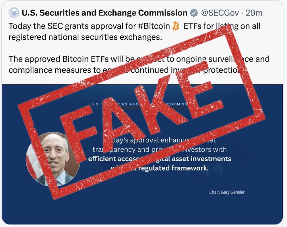 A fake tweet published from the SEC's X account, which read: "Today the SEC grants approval for Bitcoin ETFs for listing on all registered national securities exchanges. The approved Bitcoin ETFs will be subject to ongoing surveillance and compliance measures to ensure continued investor protection."