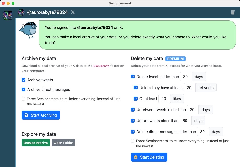 A screenshot showing the new version of Semiphemeral.