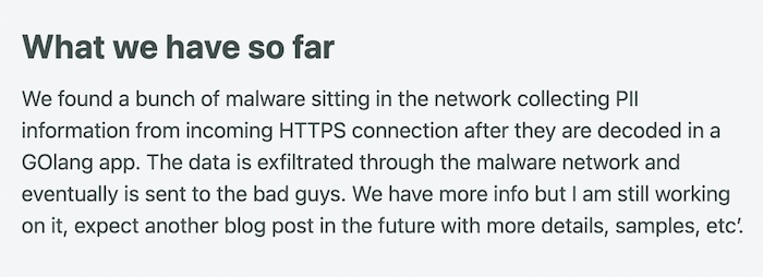 An excerpt from Igor's post, describing how the malware collected PII from an incoming HTTPS connection.