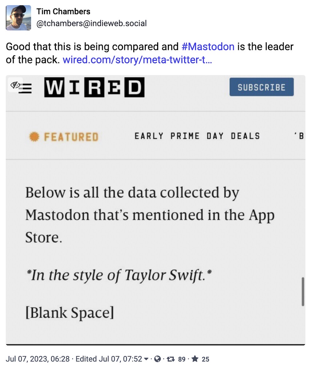 Tim Chambers toot with a Wired news article screenshot that says, "Below is all the data collected by Mastodon that's mentioned in the App Store. *in the style of Taylor Swift* blank space," indicating the app collects nothing.