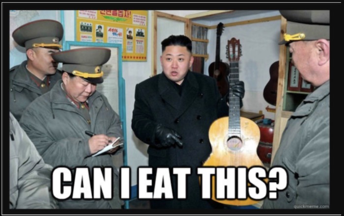 A screenshot of a meme of Kim Jong-un holding up a guitar saying, "Can I eat this?" The spyware maker embedded the malware in an image like this. 