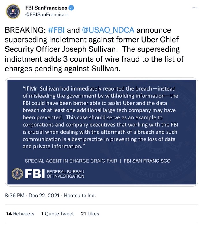Tweet from FBI: "FBI and @USAO_NDCA  announce superseding indictment against former Uber Chief Security Officer Joseph Sullivan."