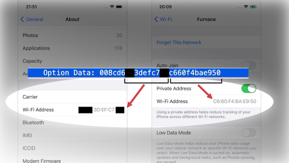 A screenshot showing a Wireshark capture of two Wi-Fi addresses on an iPhone, one that's ostensibly private and the real one.
