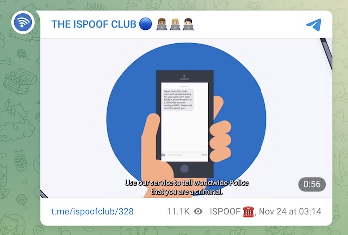 A joke/spoof video created by U.K. police posted to the iSpoof Telegram channel after seizing it and the iSpoof website. (click through to listen.)