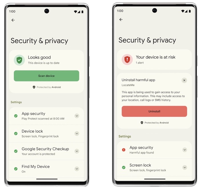 A screenshot of Android's new security and privacy combined settings menu in Android 13.