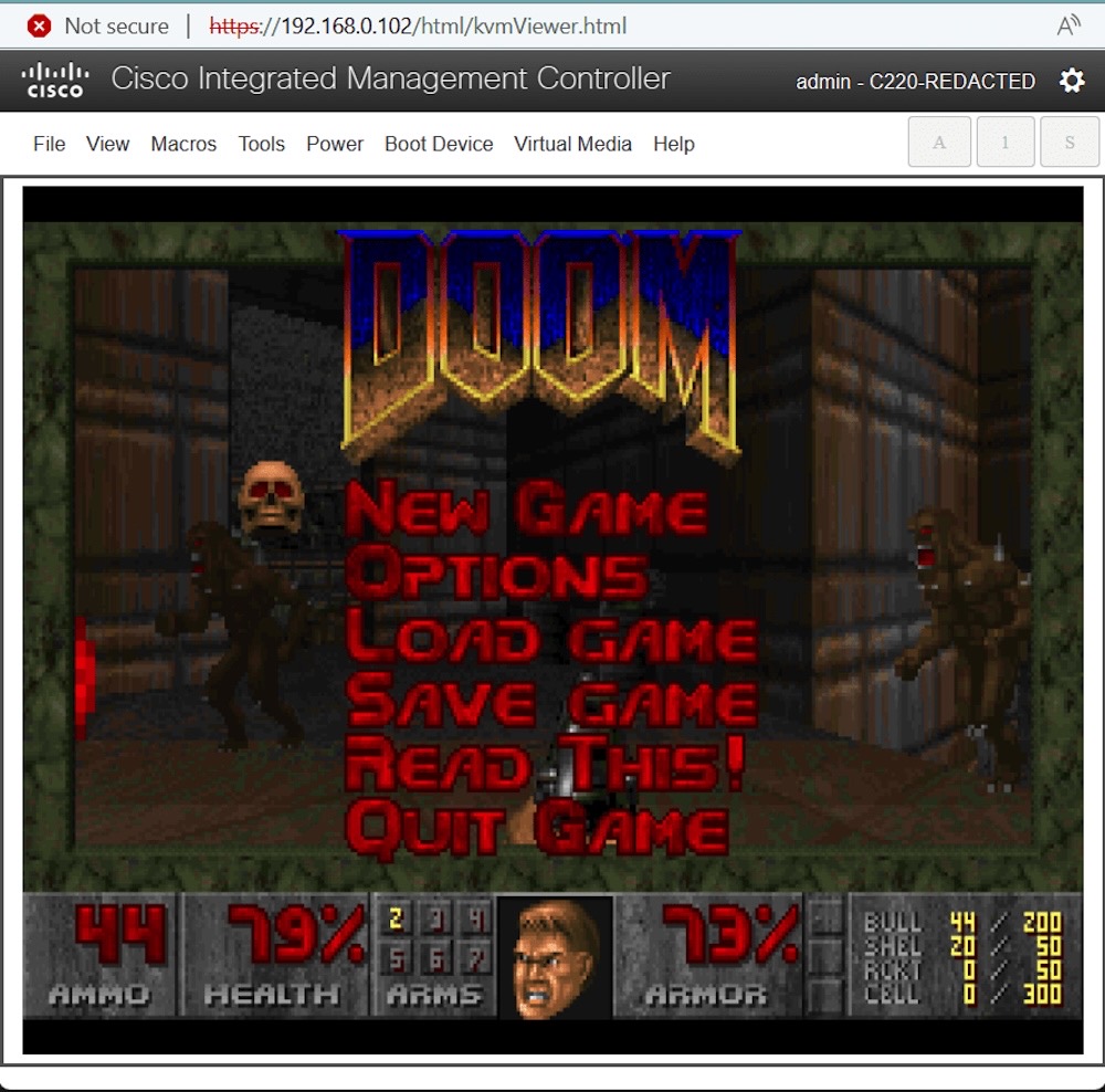 A web interface showing Cisco Integrated Management Controller featuring a frame containing the Doom save screen.
