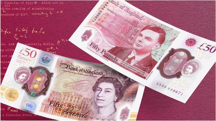 The new design of the British £50 cash note with Alan Turing's face on it. 