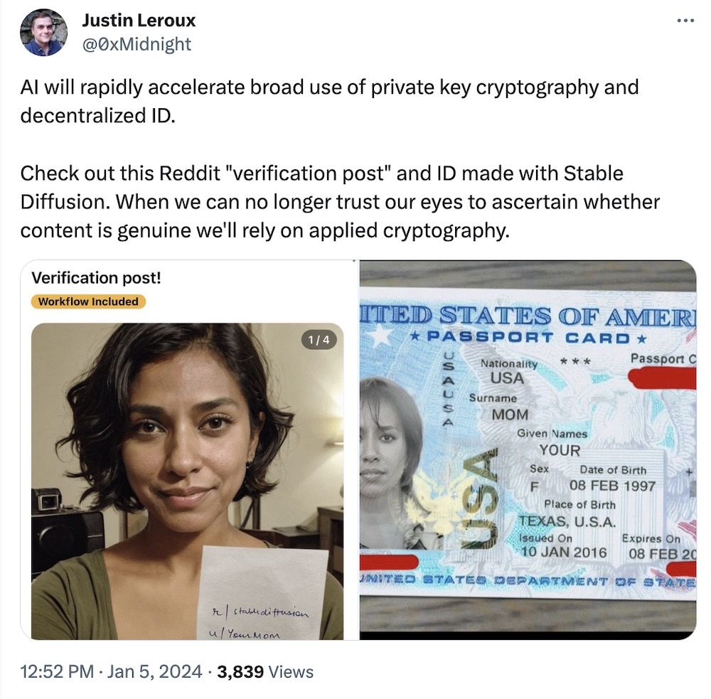 Justin Leroux tweet: "AI will rapidly accelerate broad use of private key cryptography and decentralized ID. Check out this Reddit "verification post" and ID made with Stable Diffusion. When we can no longer trust our eyes to ascertain whether content is genuine we'll rely on applied cryptography," followed by two images of gen-AI generated selfie photos.