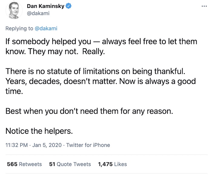 The tweet reads: "There is no statute of limitations on being thankful. Years, decades, doesn’t matter. Now is always a good time."