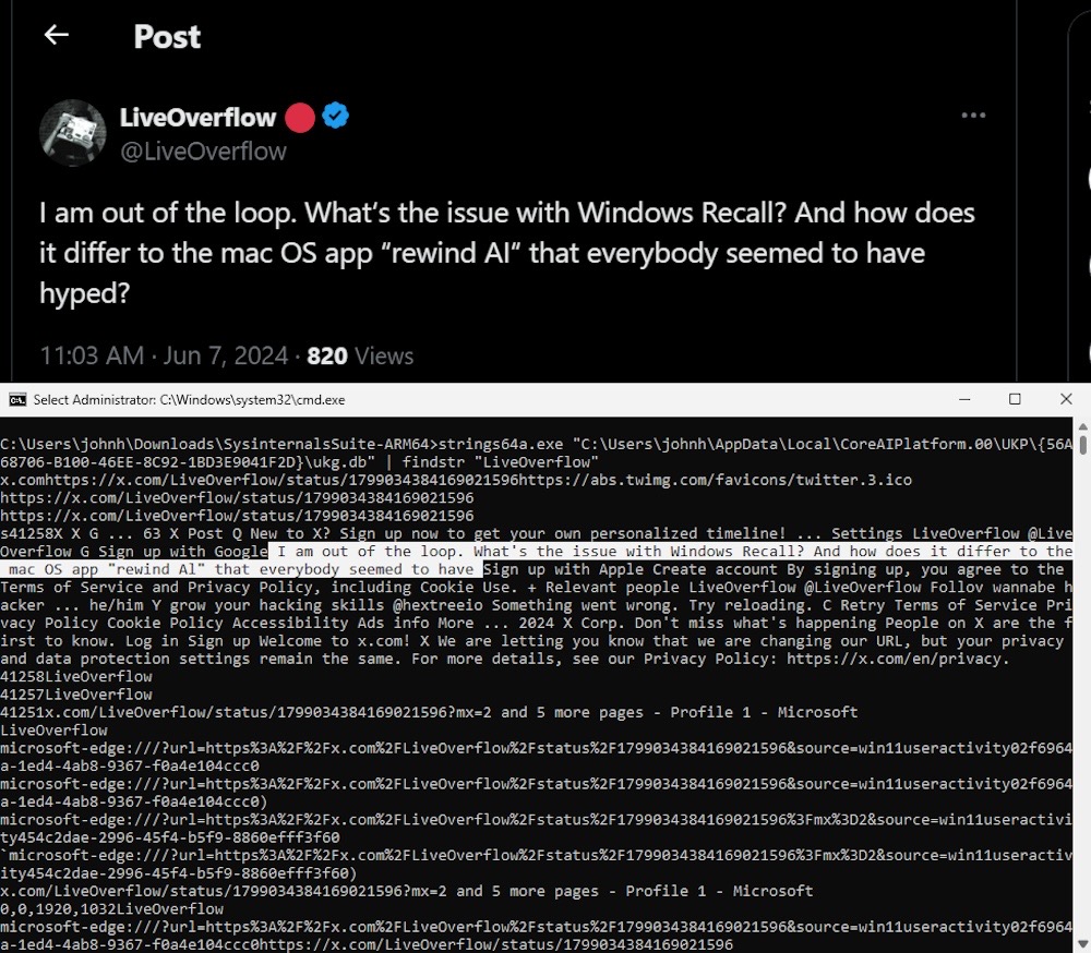 A screenshot from John Hammond's twitter, of a follower asking "What's the issue with Windows Recal" and then John showing Windows Recall leaking that very same tweet from John's computing, thus showing the privacy issues with the new Windows feature. 
