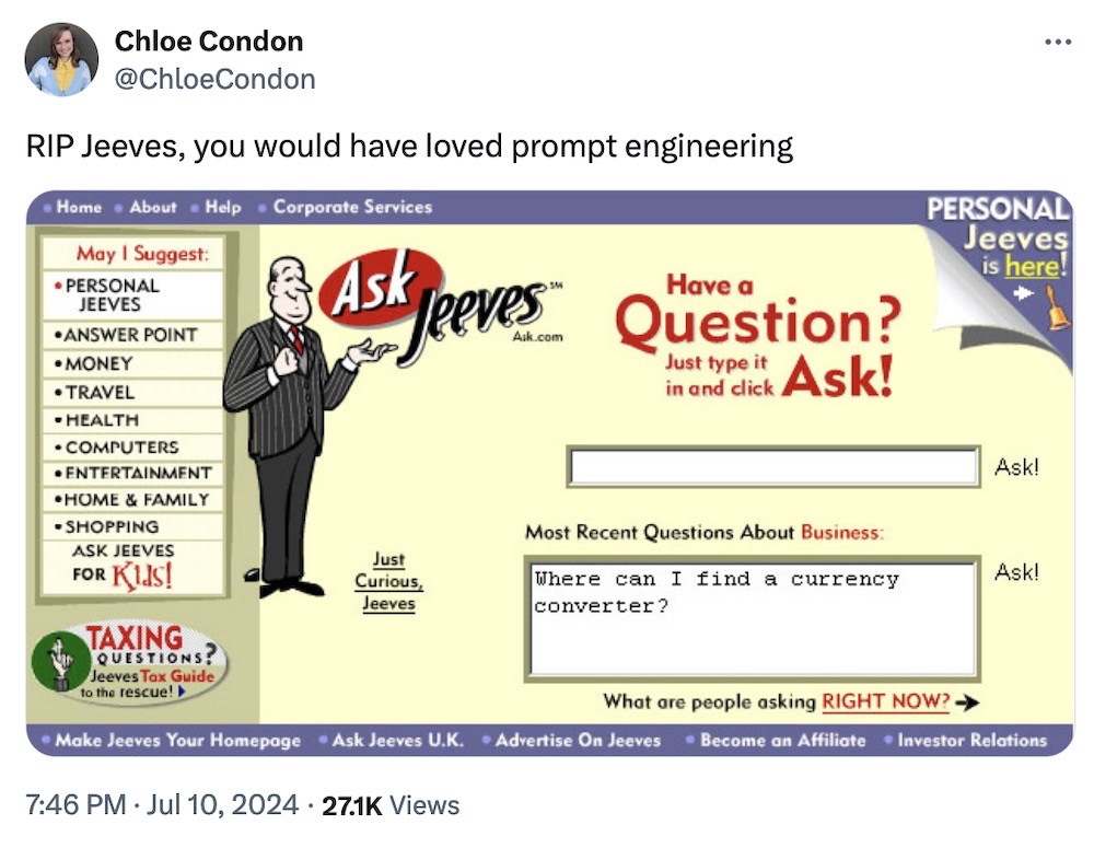 Chloe Condon tweet: "RIP Jeeves, you would have loved prompt engineering," followed by a screenshot of Ask Jeeves.