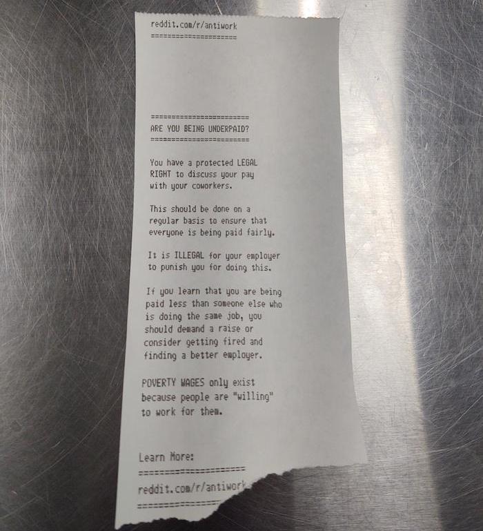 A photo of a hacked printer receipt that says: 'ARE YOU BEING UNDERPAID'
