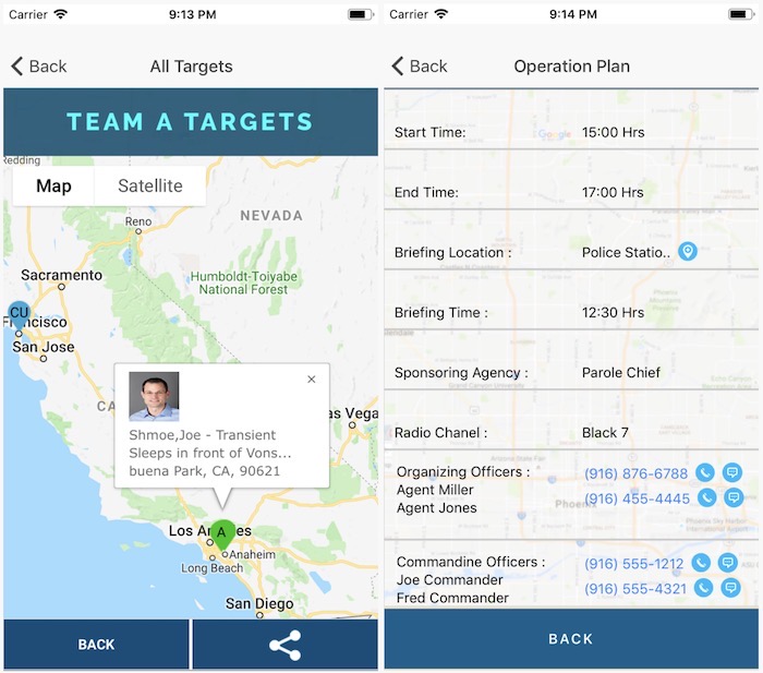 Two screenshots side-by-side of the SweepWizard app for iPhones, showing "targets" on a map showing where a suspect is located, plus details of an apparent raid.