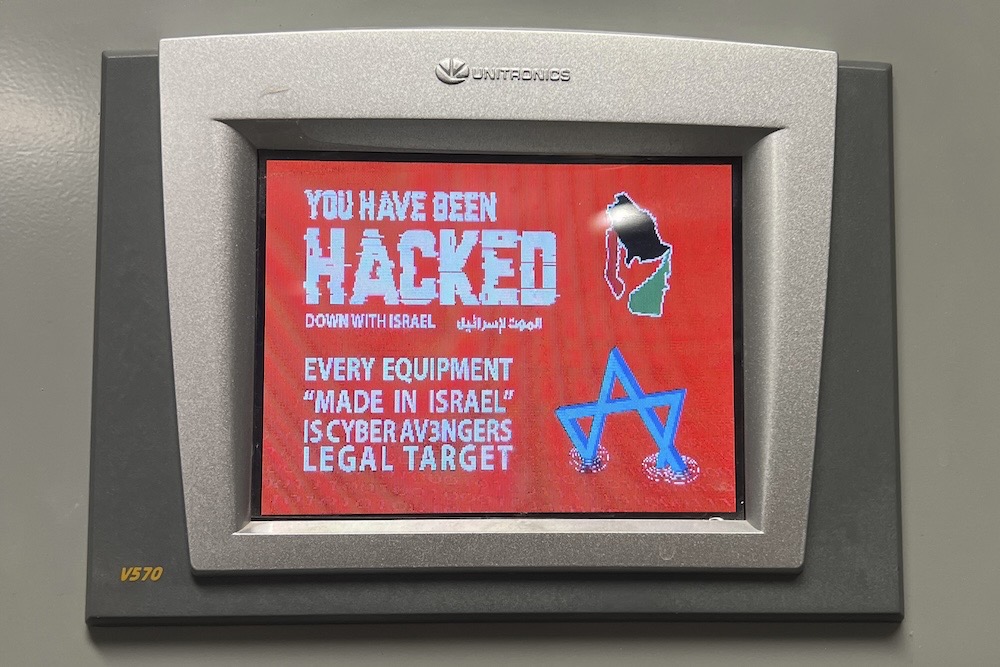 A photo provided by the Municipal Water Authority of Aliquippa shows the screen of a Unitronics device that was hacked, with a red display saying "You have been hacked."