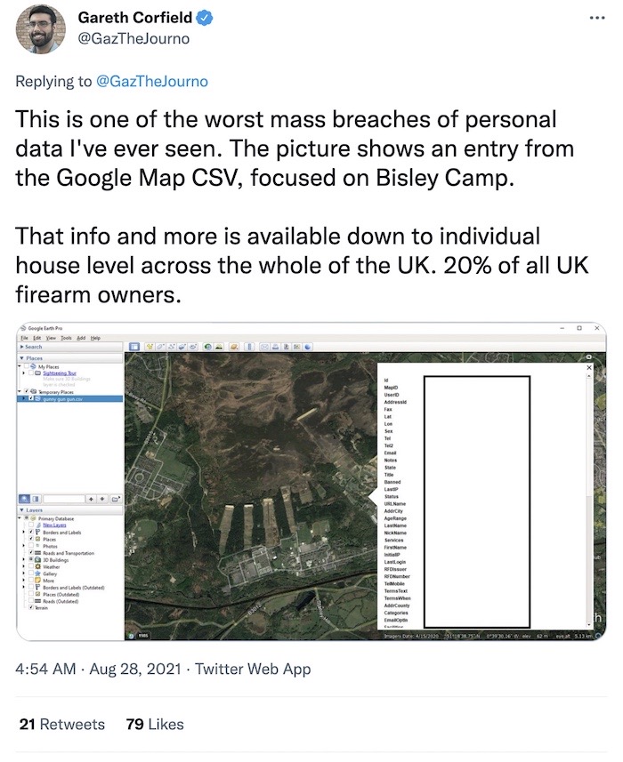 Gareth Corfield tweet: "This is one of the worst mass breaches of personal data I've ever seen. The picture shows an entry from the Google Map CSV, focused on Bisley Camp."