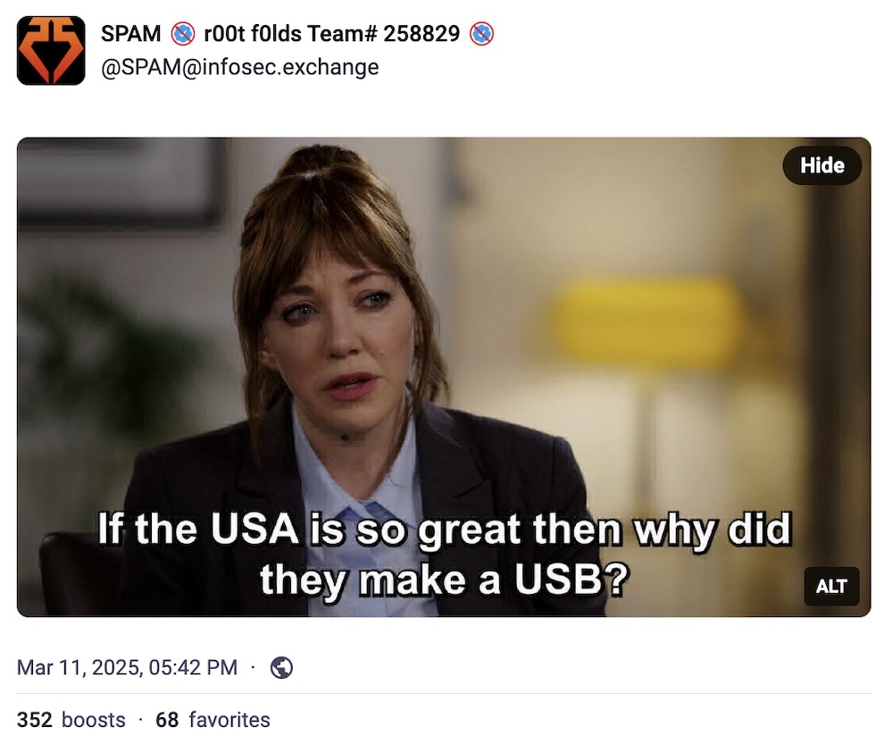 A still photo from Cunk on Earth, with the subtitle: "If the USA is so great, then why did they make a USB?"