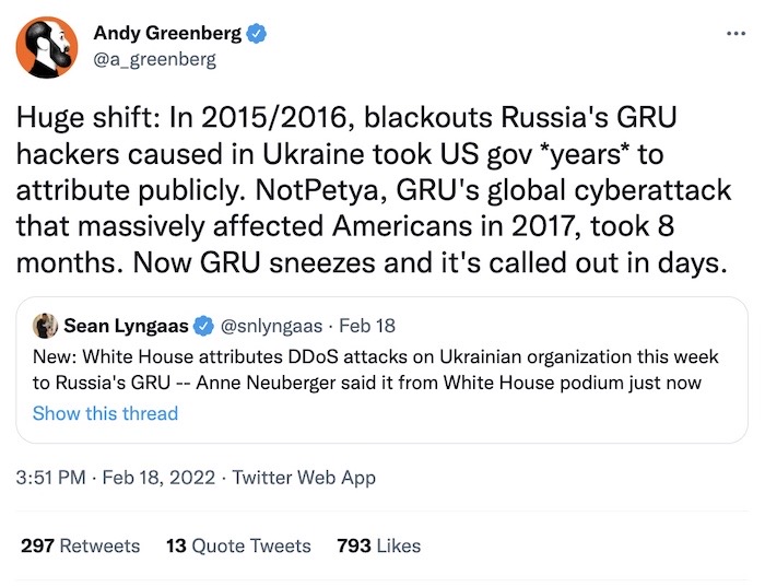 Andy Greenberg tweet: "Huge shift: In 2015/2016, blackouts Russia's GRU hackers caused in Ukraine took US gov years to attribute publicly. NotPetya, GRU's global cyberattack that massively affected Americans in 2017, took 8 months. Now GRU sneezes and it's called out in days."