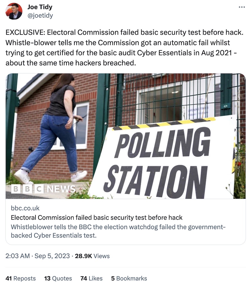 Joe Tidy tweet: "EXCLUSIVE: Electoral Commission failed basic security test before hack. Whistle-blower tells me the Commission got an automatic fail whilst trying to get certified for the basic audit Cyber Essentials in Aug 2021 - about the same time hackers breached."