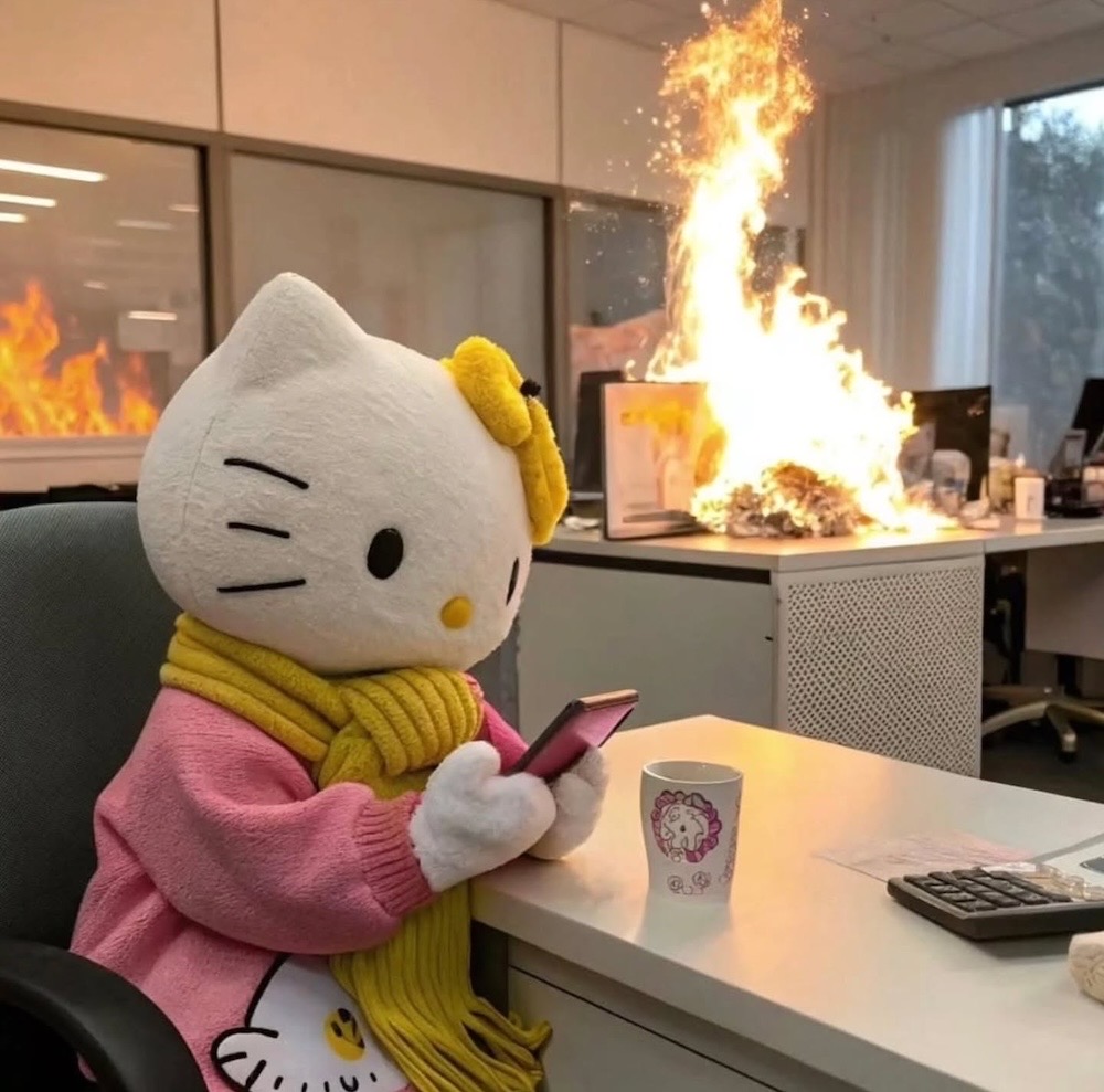 A person in a full-sized Hello Kitty constume, sat at an office desk with a cup of coffee, on her phone, with a huge fire in the background on someone else's desk. Hello Kitty does not appear to give a.f.