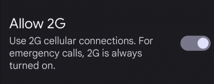 A screenshot of Android settings allowing and disallowing 2G.