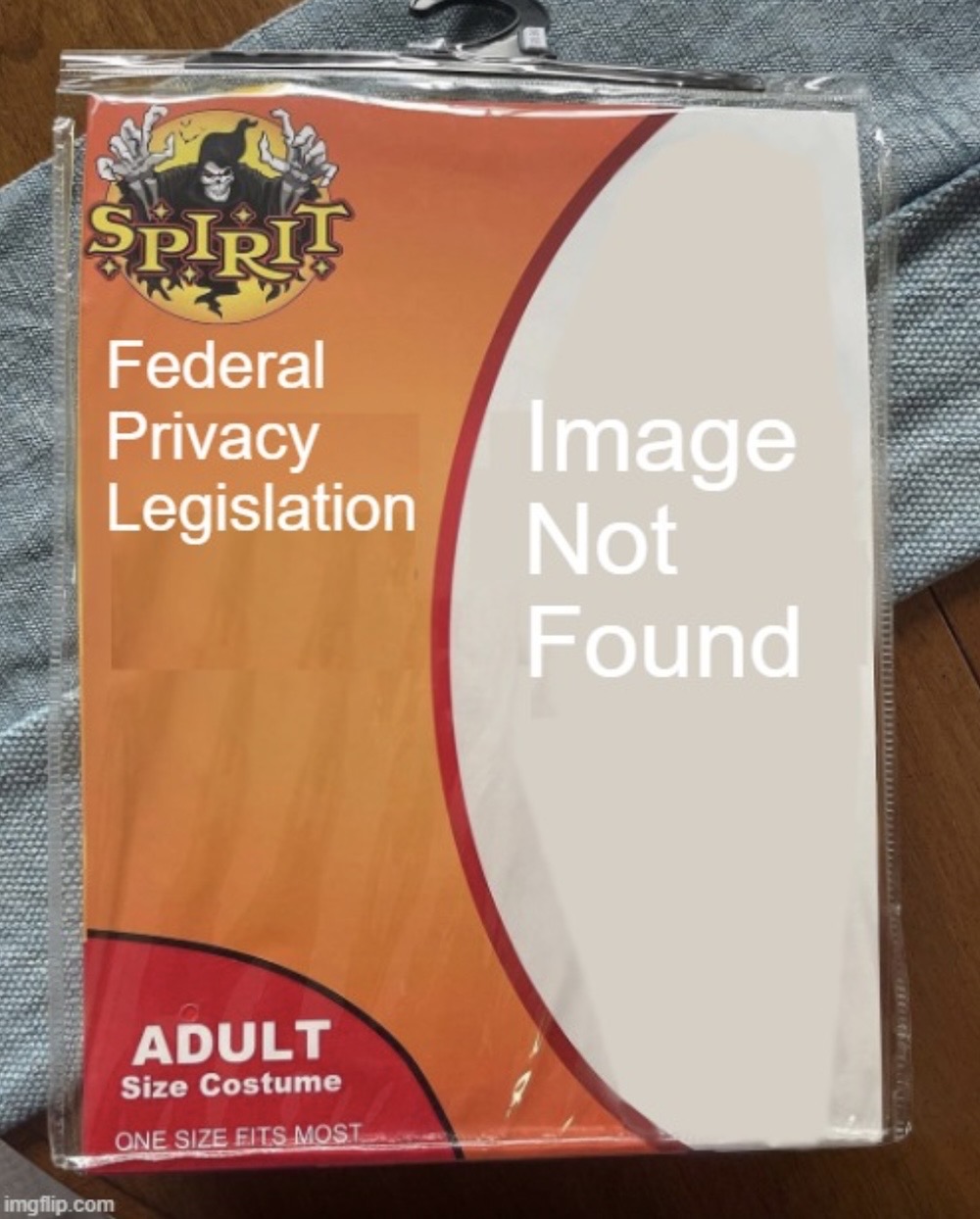 A photo of a Halloween costume in its wrapper labeled, "Federal Privacy Legislation," with next to it, saying "Image Not Found."
